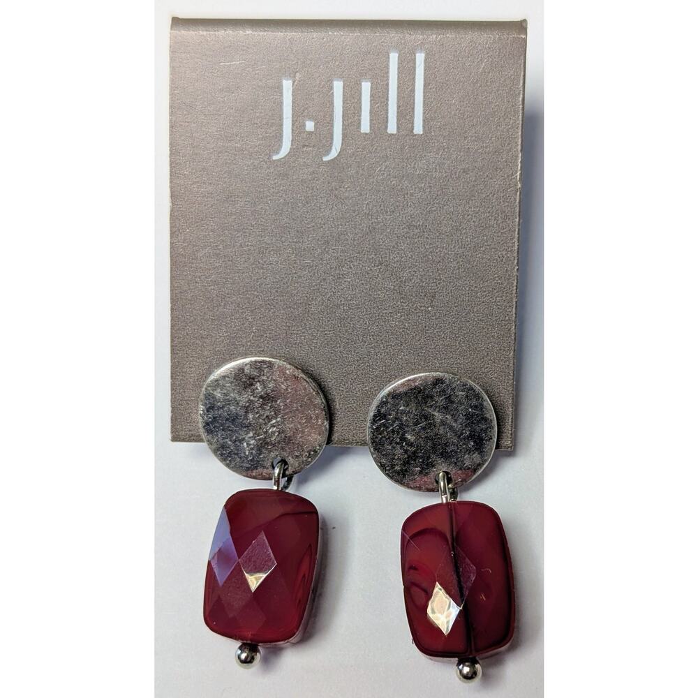 J.Jill Silvertone Bead Drop Earrings 1.1" Dangle Ruby Red Faceted Glass Pierced